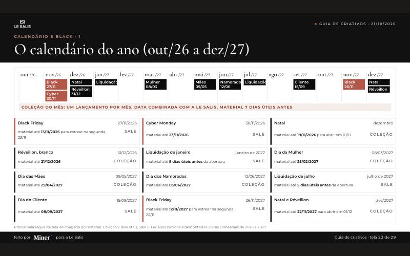 Calendário do ano no guia de criativos