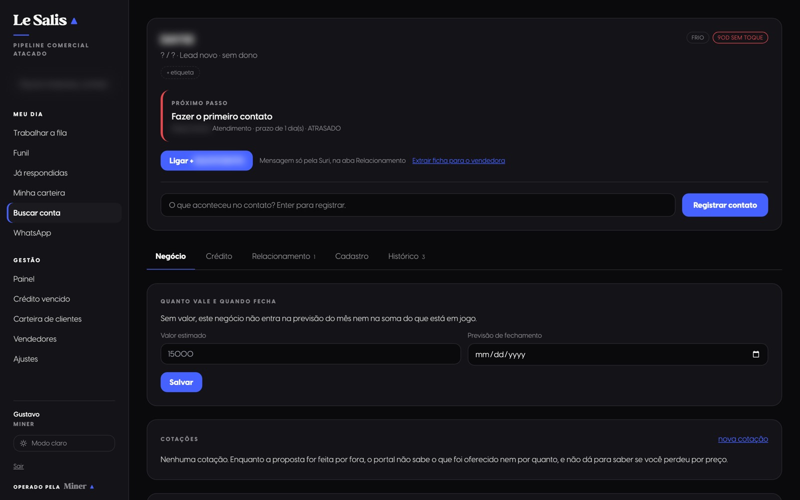 Pipeline comercial: ficha da conta