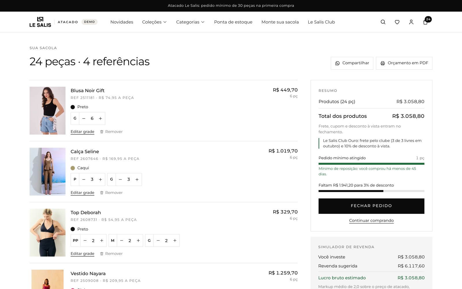 Portal de pedidos: sacola